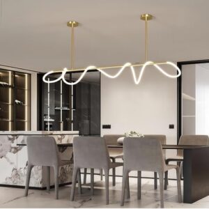 Modern Dimmable Desk Linear Pendant Light, Gold with Remote Ring Chandelier, 39 in Height Adjustment Dining Room Ceiling Lamp Fixture, Restaurant Kitchen Long Hose Lamp - Image 2