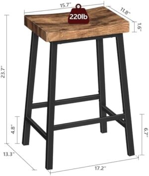 Bar Stools, 23.7 Inch Saddle Stools with Footrest, Set of 2 Bar Chairs, Kitchen Counter Height Stools, Industrial Style, for Dining Room, Counter, Bar, Rustic Brown and Black BAHR0801N1 - Image 3