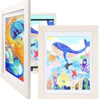 KINLINK 9x12 Kids Art Frames Set of 2, Solid Wood Kids Artwork Frames Changeable with Acrylic Front Opening Holds 150 Pictures, Art Frames for Kids Artwork with Mat or without Mat, White