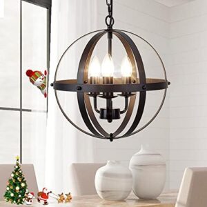 DLLT Vintage Pendant Hanging Light Fixtures, Flush Mount Ceiling Chandelier Lamp with Metal Spherical Shade for Kitchen, Dining Room, Living Room, Hallway, Entryway 3-Light, E12 Base-Matte Black