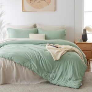 CozyLux Full Size Comforter Sets Sage Green 7 Pieces Full Bed in a Bag Bedding Set Contrasting Design with Comforter, Flat Sheets, Fitted Sheet, Pillowcases & Shams, Sage Green and Beige - Image 2