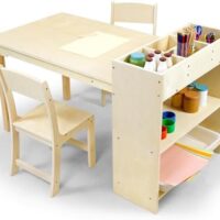 Kids Art Table and Chair Set, Birch Wooden Activity Craft Table, Kids Drawing Table, Toddler Desk with Storage and 1 Chair