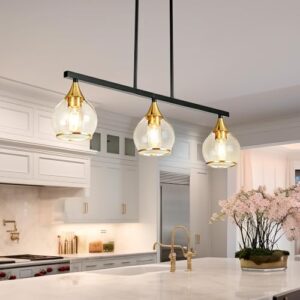 Island Light for Kitchen, 3-Light Black and Gold Kitchen Island Farmhouse Linear Hanging Pendant Chandeliers, Matte Black Dining Room Light Fixture Over Table with Clear Round Glass Shades - Image 2