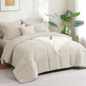 CozyLux Comforter Set Full 7 Pieces Beige Bedding Set Bed in a Bag Set Full Box Stitch Bedding Sets with All Season Comforter, Flat Sheet, Fitted Sheet and Pillowcases & Shams - Image 6