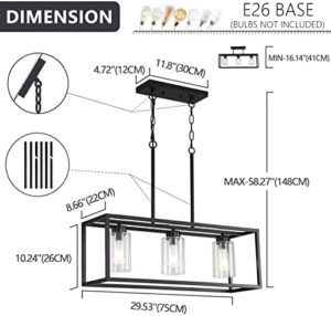 Black 3-Light Dining Room Light Fixture, Modern Farmhouse Chandeliers, Linear Rectangular Kitchen Island Lighting, Industrial Vintage Pendant Lighting with Clear Glass Shade Height Adjustable - Image 2