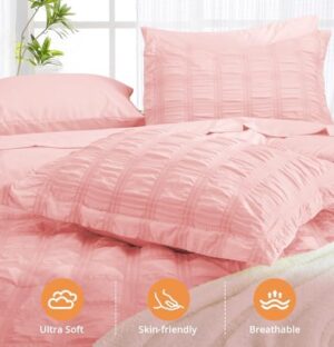 JOLLYVOGUE King Comforter Set Seersucker 7 Pieces, Pink Comforter, Soft Bed in a Bag King Size, All Season Bedding Set with Comforter, Flat Sheet, Fitted Sheet, Pillowcases, Pillow Shams - Image 4