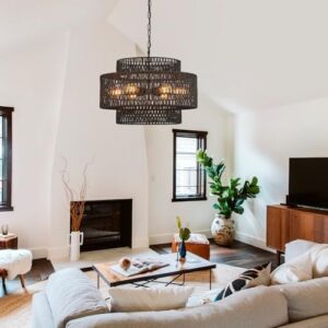 Hand-Woven Rattan Chandelier Vintage 6-Light Farmhouse Boho Bamboo Chandelier Light Fixture 23.6" Retro 3-Tier Drum Wicker Rattan Black Chandelier for Dining Room, Kitchen Island, Living Room - Image 5