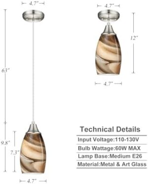 Mini Pendant Lights Kitchen Island Light Brown Glass Lamp Shade Hand Blown Glass Pendant Light with Brush Nickel Finish Adjustable Cord for Kitchen Over Sink, Dining Room (Light Brown-3P) - Image 3