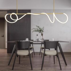 Modern Dimmable Desk Linear Pendant Light, Gold with Remote Ring Chandelier, 39 in Height Adjustment Dining Room Ceiling Lamp Fixture, Restaurant Kitchen Long Hose Lamp - Image 4