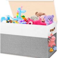 Large Toy Box, Collapsible Sturdy Storage Chest With Lids, Kids Toy Chest Storage Organizer Toddler Bin Boxes for Living Room, Bedroom, Nursery, 25"x13"x16", White & Gray