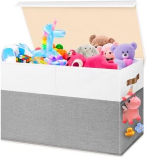 Large Toy Box, Collapsible Sturdy Storage Chest With Lids, Kids Toy Chest Storage Organizer Toddler Bin Boxes for Living Room, Bedroom, Nursery, 25"x13"x16", White & Gray