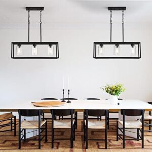 Black 3-Light Dining Room Light Fixture, Modern Farmhouse Chandeliers, Linear Rectangular Kitchen Island Lighting, Industrial Vintage Pendant Lighting with Clear Glass Shade Height Adjustable - Image 6