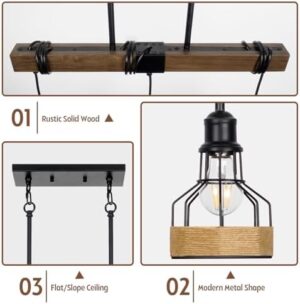 3-Light Dining Room Light Fixture Over Table Chandelier Rustic, Solid Wood Kitchen Island Lighting Fixture Ceiling Linear Dining Ceiling Mount Lamp Modern Metal Lampshade Dining Pendant Light - Image 8