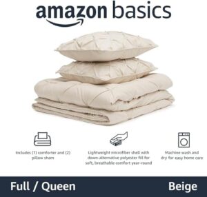 Amazon Basics Soft, Breathable Queen Size Comforter Sets, All-Season Down-Alternative 3-Piece Bedding Set, Pinch Pleat Design, Full/Queen Size, Beige - Image 2