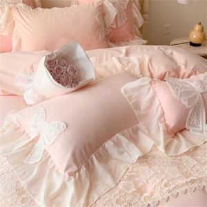 MOOWOO Chic Ruffle Lace Twin Duvet Cover Set-Bow Duvet Cover with Butterfly Tie-2 Piece Comforter Duvet Cover with Zipper Closure,Coquette Room Decor-Pink,Full Size - Image 4