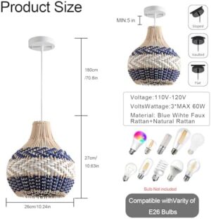 3-Pack Rattan Pendant Light Fixture 10.24" Blue White Hand-Woven Basket Fax Rattan Chandelier Boho Mini Wicker Hanging Lamp for Dining Living Bedroom Kitchen Farmhouse - Image 2