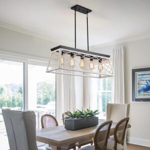 33" Farmhouse Rectangular Chandelier, Adjustable Height 5-Lights Kitchen Island Lighting, Openwork Engraved Grid Light Fixture Pendant for Dining Room Pool Table,Oak+Matte Black Finish - Image 3