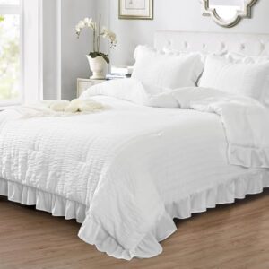 JOLLYVOGUE Queen Comforter Set, 3 Pieces White Seersucker Comforters Queen Size, Lightweight & Fluffy Bedding Sets Queen for All Season with 1 Ruffle Comforter and 2 Ruffle Pillowshams