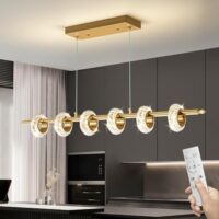Dimmable Modern LED Chandelier with Remote Control, Crystal Dining Room Light Fixtures Over Table, 3000K-6500K Gold Linear Pendant Light for Kitchen Island