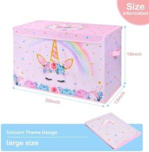WERNNSAI Toy Box for Girls - Collapsible Oxford Storage Bin with Handles 25" x 13" x 16" Toys Clothes Books Unicorn Chest Organizer Cube with Flip-top Lid for Kids Bedroom Nursery Living Room - Image 3