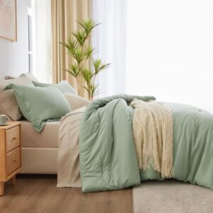 CozyLux Full Size Comforter Sets Sage Green 7 Pieces Full Bed in a Bag Bedding Set Contrasting Design with Comforter, Flat Sheets, Fitted Sheet, Pillowcases & Shams, Sage Green and Beige - Image 5