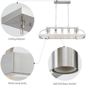 WUZUPS 5-Light Metal Pot Hanging Rack Chandelier Linear Pendant Ceiling Lighting Rustic Farmhouse Fixture Kitchen Island Dining Room, H 9.8" L 34.6" W11.8, E26 Base, Brushed Nickel - Image 3