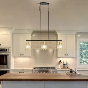 Island Light for Kitchen, 3-Light Black and Gold Kitchen Island Farmhouse Linear Hanging Pendant Chandeliers, Matte Black Dining Room Light Fixture Over Table with Clear Round Glass Shades - Image 7