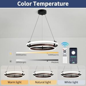 Modern LED Pendant Light 2 Ring Contemporary Chandelier Black and Wooden Hanging Light Fixture for Kitchen Dining Room Bedroom Entryway Living Room Staircase. - Image 3