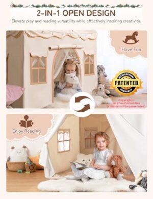 besrey Kids Tent, Kids Playhouse 2 in 1 with Padded Mat and Lights, Large Play Tent with 2 Doors & 4 Windows, Kids Play Tent Indoor & Outdoor, Christmas Toddler Tent for Kids, 51" x35" x 51" - Image 2