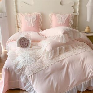 MOOWOO Chic Ruffle Lace Twin Duvet Cover Set-Bow Duvet Cover with Butterfly Tie-2 Piece Comforter Duvet Cover with Zipper Closure,Coquette Room Decor-Pink,Full Size - Image 5