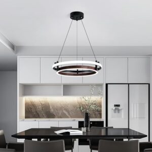 Modern LED Pendant Light 2 Ring Contemporary Chandelier Black and Wooden Hanging Light Fixture for Kitchen Dining Room Bedroom Entryway Living Room Staircase. - Image 8