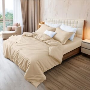 Beige Duvet Cover Set Queen Size 100% Egyptian Cotton 3Pcs Home Bedding Set- 1 Duvet Cover with 2 Pillowshams, 400 Thread Count Super Soft Comforter Cover with Corner Ties(90x90 Inches, Beige) - Image 6