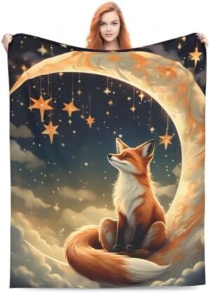 Cute Cartoon Fox Blanket Gifts for Kids Girls Fantastic Moon Star Flannel Throw Blankets Soft Comfy Lightweight for Home Decor Couch Bed Sofa 80x60 Inches