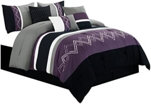 Chezmoi Collection Arden 7-Piece Modern Pleated Stripe Embroidered Zigzag Bedding Comforter Set (Queen, Purple/Black/Gray/White) - Image 9
