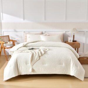 akkialla Embossed Design Queen Comforter Set,Cream White 3 Pieces Lightweight Bedding Comforter Sets for All Season,Bed in a Bag with a Fluffy Soft Comforter and 2 Pillowcases(Cream White,Queen) - Image 2