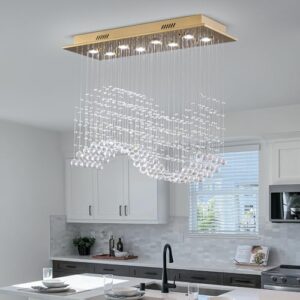 Siljoy Modern Crystal Chandelier Gold Rectangular Wave Raindrop Chandelier 8 Lights Rectangle Flush Mount Ceiling Light Pendant Light Fixture for Dining Room Living Room Kitchen Island L31.5'' - Image 4