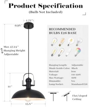 Black Pendant Lights Kitchen Island 2 Pack, Dome Pendant Light 13.8" W, Black Farmhouse Pendant Light for Kitchen Barn Hallway Porch Dining Room - Image 4