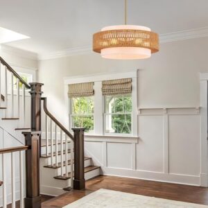 23.6" Rattan Chandelier with Linen Farmhouse Vintage Boho Hand Woven Bamboo Chandelier Light Fixture Modern Drum Wicker Rattan Gold Chandelier for Dining Room, Kitchen, Living Room - Image 8