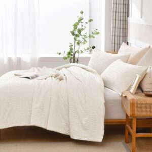 akkialla Embossed Design Queen Comforter Set,Cream White 3 Pieces Lightweight Bedding Comforter Sets for All Season,Bed in a Bag with a Fluffy Soft Comforter and 2 Pillowcases(Cream White,Queen) - Image 5