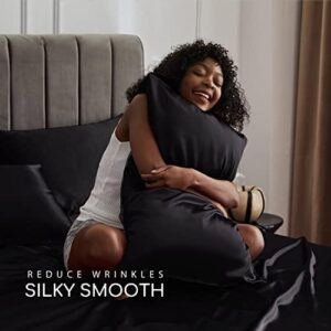 MR&HM Satin Bed Sheets, Queen Size Sheets Set, 4 Pcs Silky Bedding Set with 15 Inches Deep Pocket for Mattress (Queen, Black) - Image 4