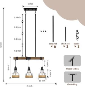 3-Light Dining Room Light Fixture Over Table Chandelier Rustic, Solid Wood Kitchen Island Lighting Fixture Ceiling Linear Dining Ceiling Mount Lamp Modern Metal Lampshade Dining Pendant Light - Image 7