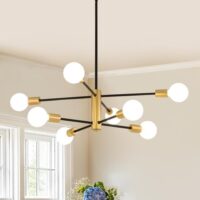 AMZASA Black and Gold Modern Sputnik Chandeliers, 8 Lights Farmhouse Light Fixture, Mid Century Pendant Light for Dining Room Living Room Kitchen Island Entryway Foyer, UL Listed