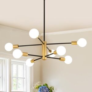 AMZASA Black and Gold Modern Sputnik Chandeliers, 8 Lights Farmhouse Light Fixture, Mid Century Pendant Light for Dining Room Living Room Kitchen Island Entryway Foyer, UL Listed