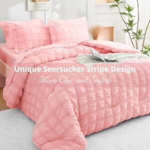 JOLLYVOGUE King Comforter Set Seersucker 7 Pieces, Pink Comforter, Soft Bed in a Bag King Size, All Season Bedding Set with Comforter, Flat Sheet, Fitted Sheet, Pillowcases, Pillow Shams - Image 2