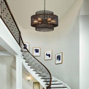 Hand-Woven Rattan Chandelier Vintage 6-Light Farmhouse Boho Bamboo Chandelier Light Fixture 23.6" Retro 3-Tier Drum Wicker Rattan Black Chandelier for Dining Room, Kitchen Island, Living Room - Image 6