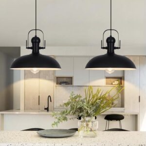 Black Pendant Lights Kitchen Island 2 Pack, Dome Pendant Light 13.8" W, Black Farmhouse Pendant Light for Kitchen Barn Hallway Porch Dining Room