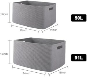 OIAHOMY XXLarge Rectangle Blanket Basket-96L, Cotton Woven Basket for Storage, Dirty Clothes Basket for Living Room, Nursery, Bedroom, Toy Organizing with Handle, 24" x 16" x 15", Grey - Image 3