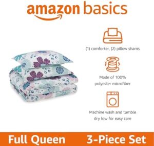 Amazon Basics Soft, Plush 3 Piece Microfiber Kid's Comforter and Pillow Sham Set, Full/Queen, Purple Flowers, Bluish Pink, Lightweight, Floral - Image 2