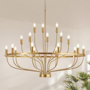 39.4" Modern Gold Chandelier Vintage 18-Lights Mid Century Modern Candle Style Chandelier Light Fixture Large Rustic Golden Chandelier for Dining Room, Kitchen Island, Living Room, E12