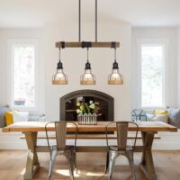 3-Light Dining Room Light Fixture Over Table Chandelier Rustic, Solid Wood Kitchen Island Lighting Fixture Ceiling Linear Dining Ceiling Mount Lamp Modern Metal Lampshade Dining Pendant Light